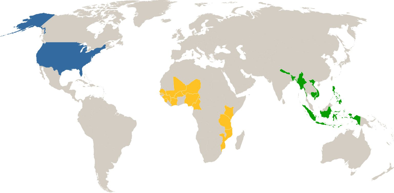 Map highlighted with countries indicating where Helen Keller Intl works