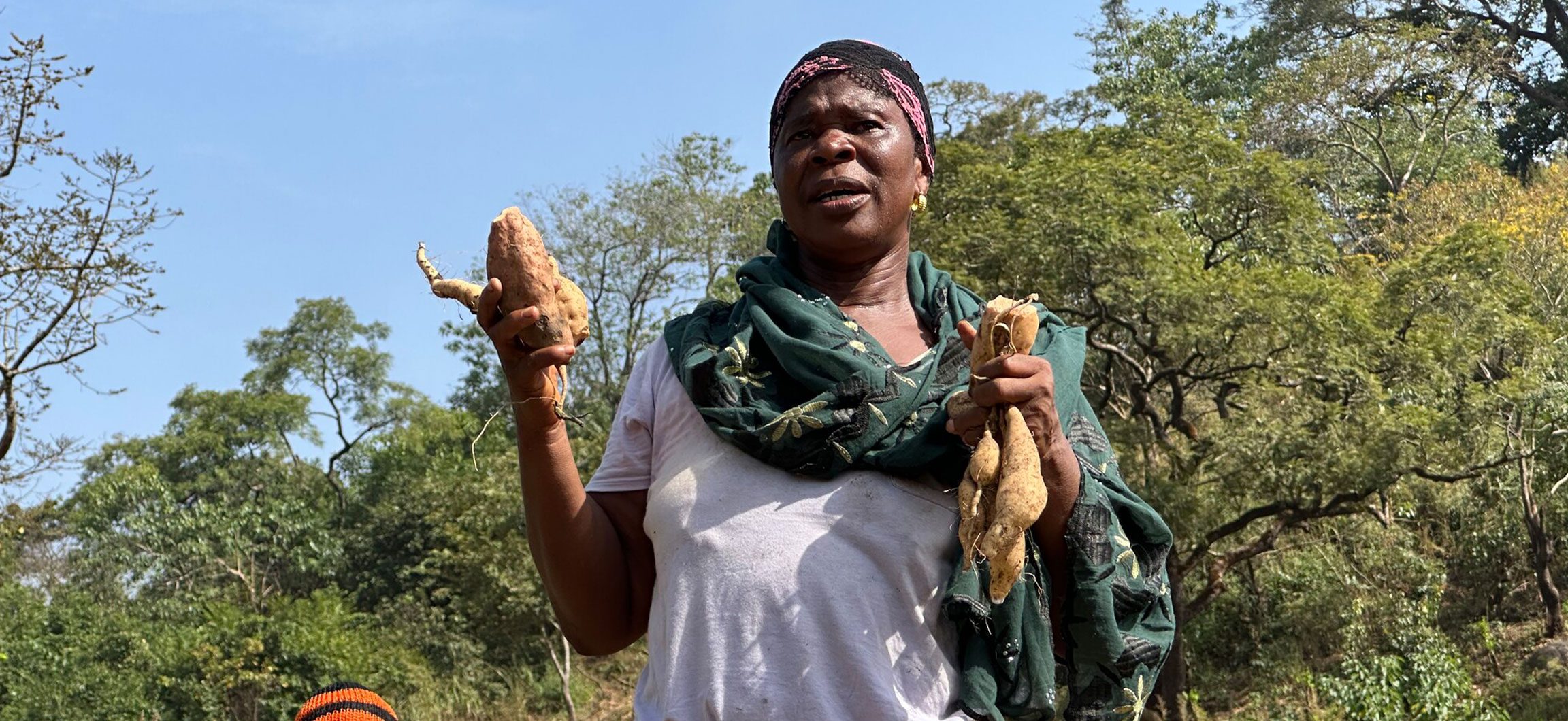 Woman holding sweet potatoes.