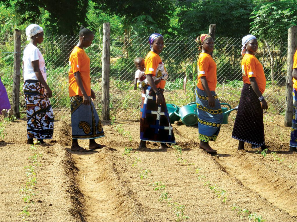 Group of women in colorful clothing planting seeds in rows on a farm.