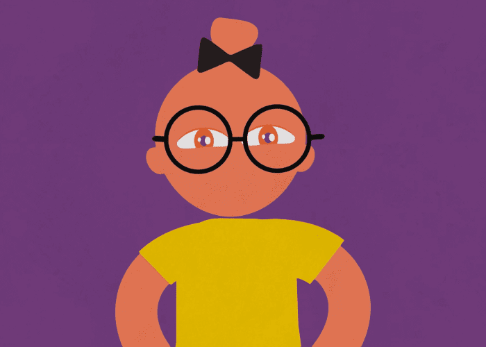 A graphic of a young girl with tan skin on a purple background. She has a black bow in her hair and is wearing round, black glasses and a yellow dress.