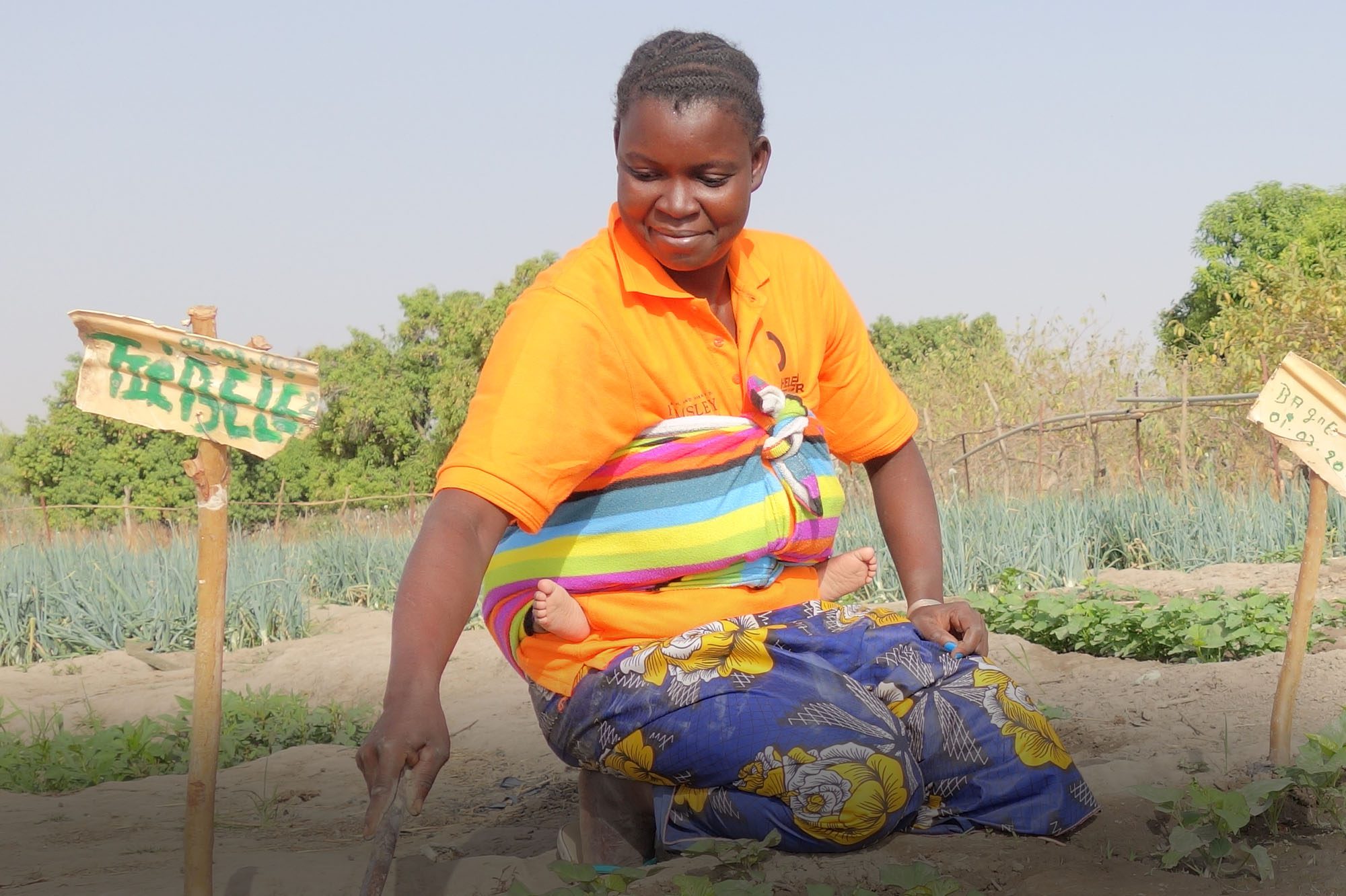 Woman planting sweet potatoes in colorful garden