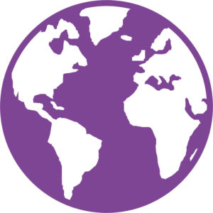 Purple globe icon with world continents